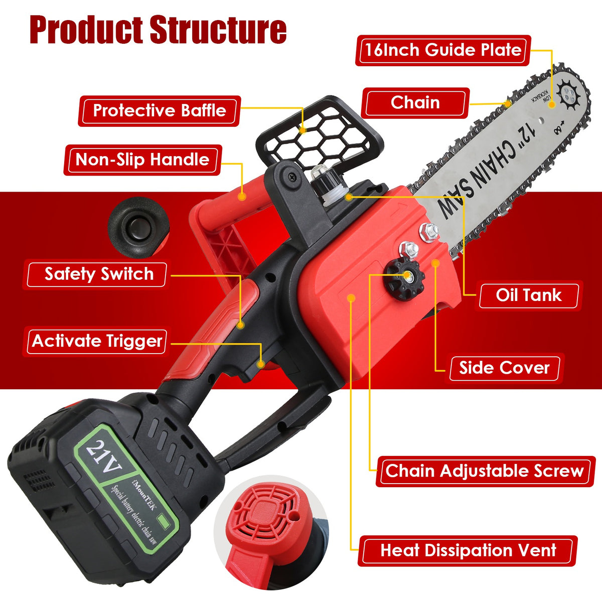 12-Inch Cordless Chainsaw, Red, 3000mAh Battery Option