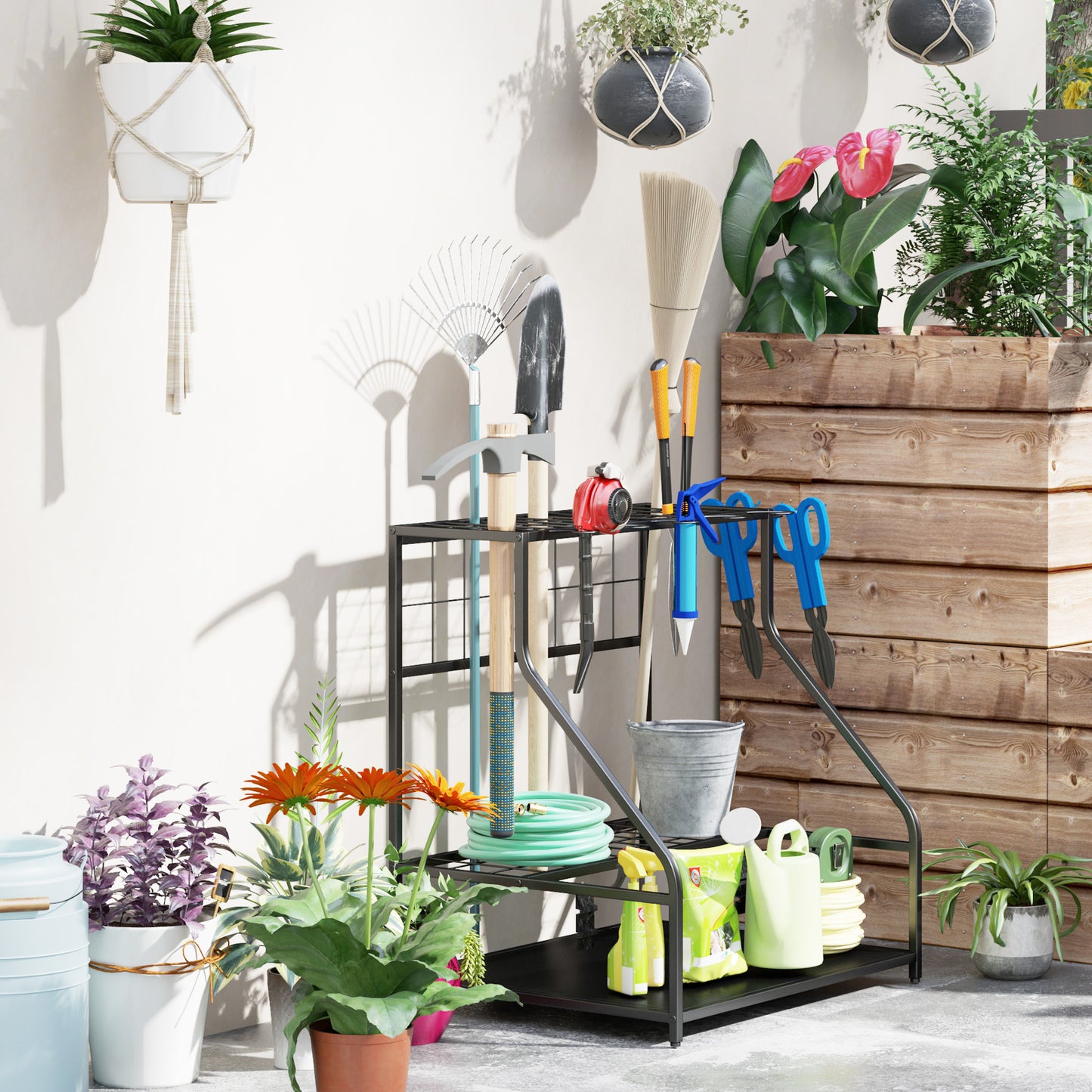 3-Tier Garden Tool Organizer Rack – Holds 20+ Tools with Hooks & Shelves