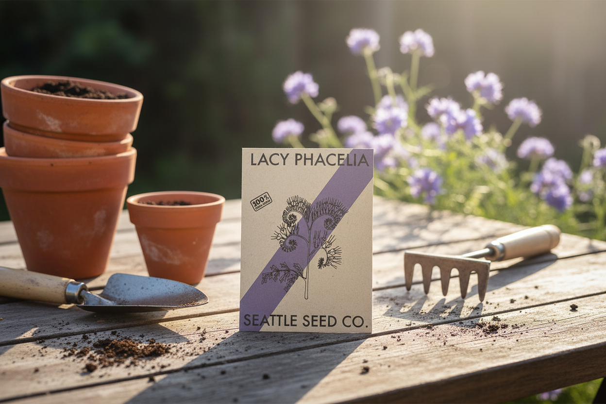 Seed packet for Lacy Phacelia by Seattle Seed Co. with a purple and beige design.