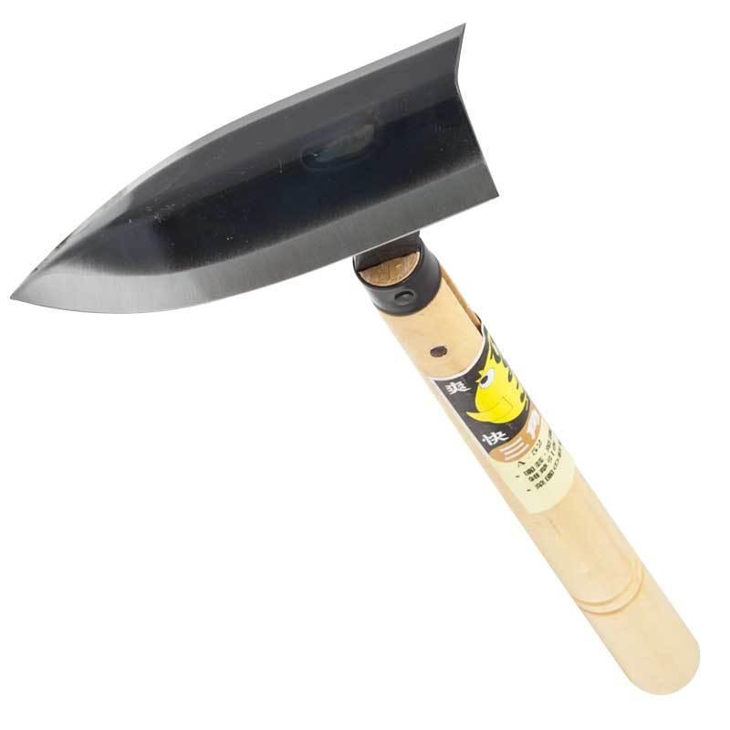 Hand tool with a metallic blade and wooden handle on a white background
