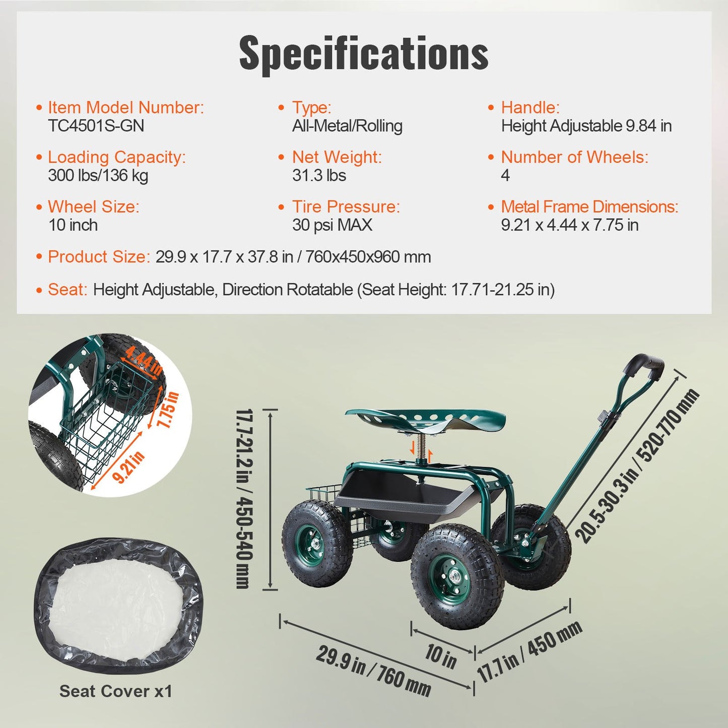 Height-Adjustable Rolling Garden Seat with Swivel, Wheels & Tool Tray