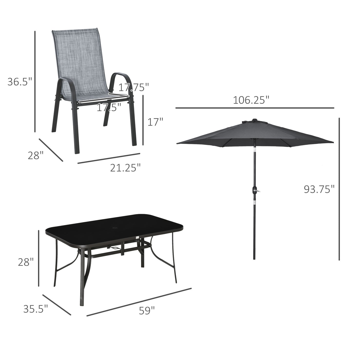 8-Piece Outdoor Dining Set with 9Ft Shade Umbrella | Glass Table, 6 Stackable Chairs, Gray