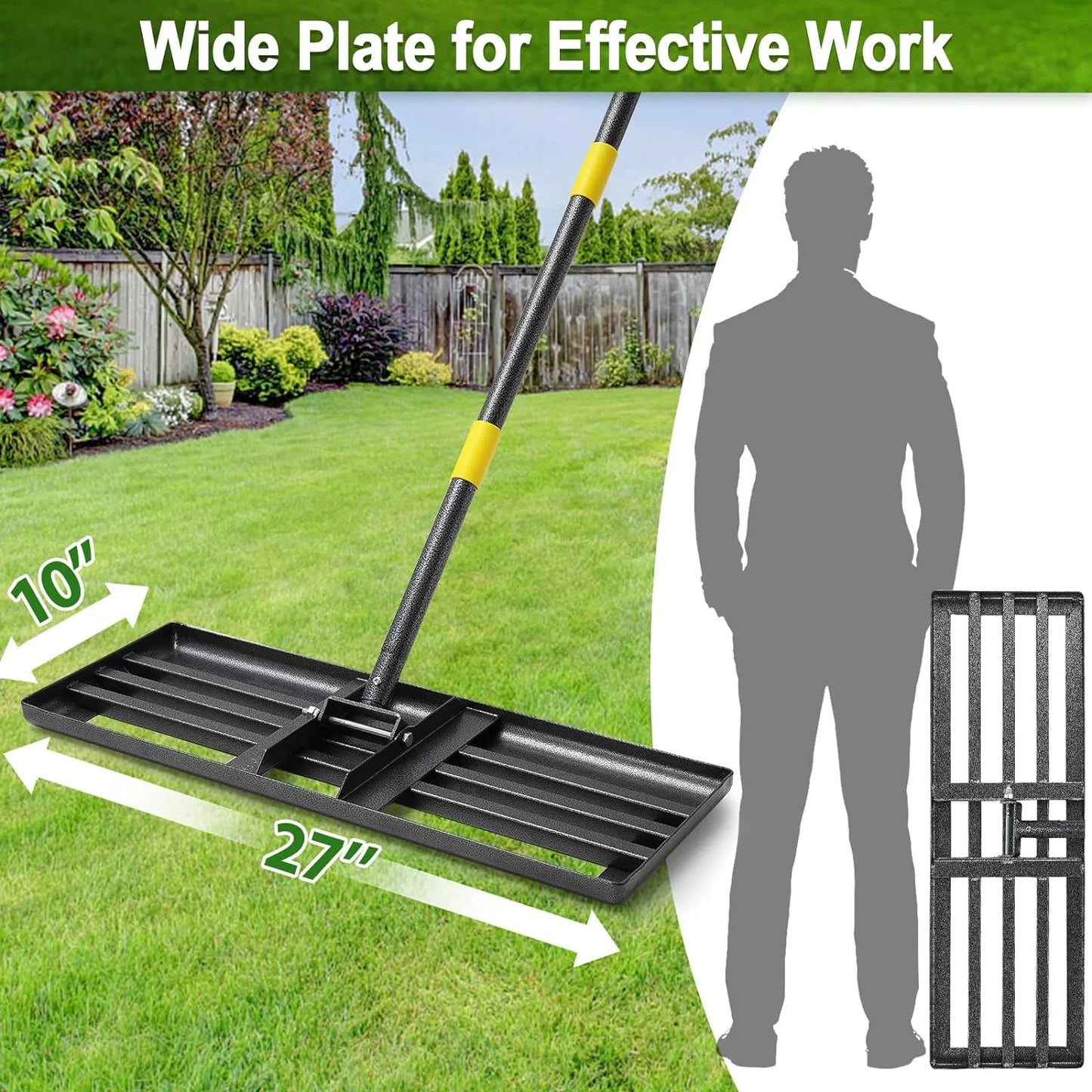 27" X 10" Lawn Leveling Rake,Large Level Lawn Tool, 5Ft Adjustable Long Handle Level Lawn Rake for Soil Grass Golf Field