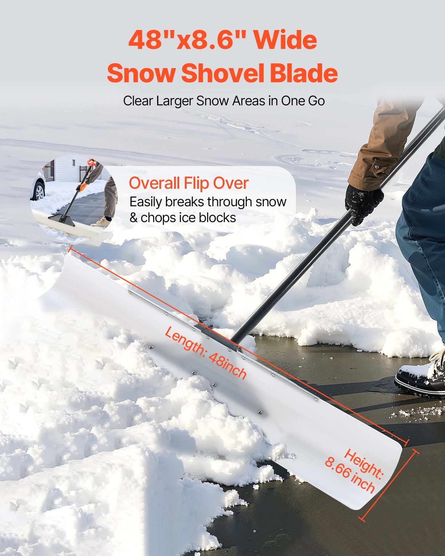 48" Heavy Duty Snow Pusher Shovel with Ergonomic Loop Handle