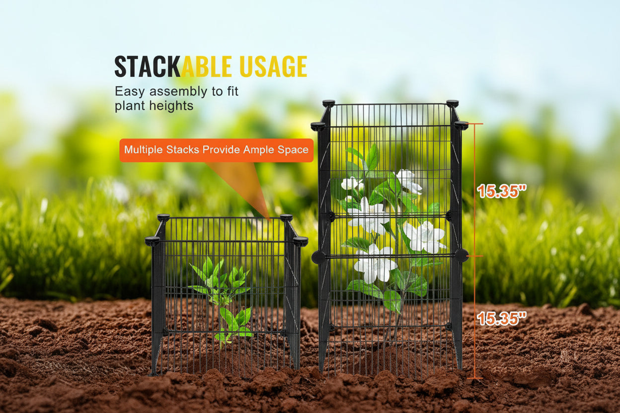Vegetable garden trellis system with plants, labeled 'Vevor' and 'Stackable Usage'.