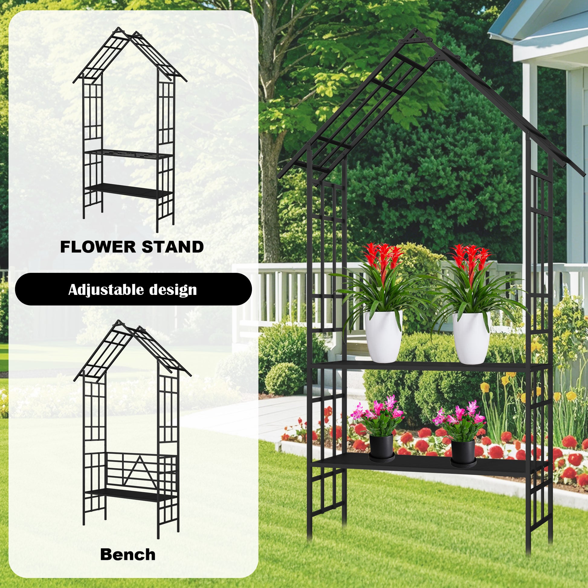 Metal Garden Arch with Convertible Flower Stand & Bench – 97" Climbing Plant Support - Rooted Supplies