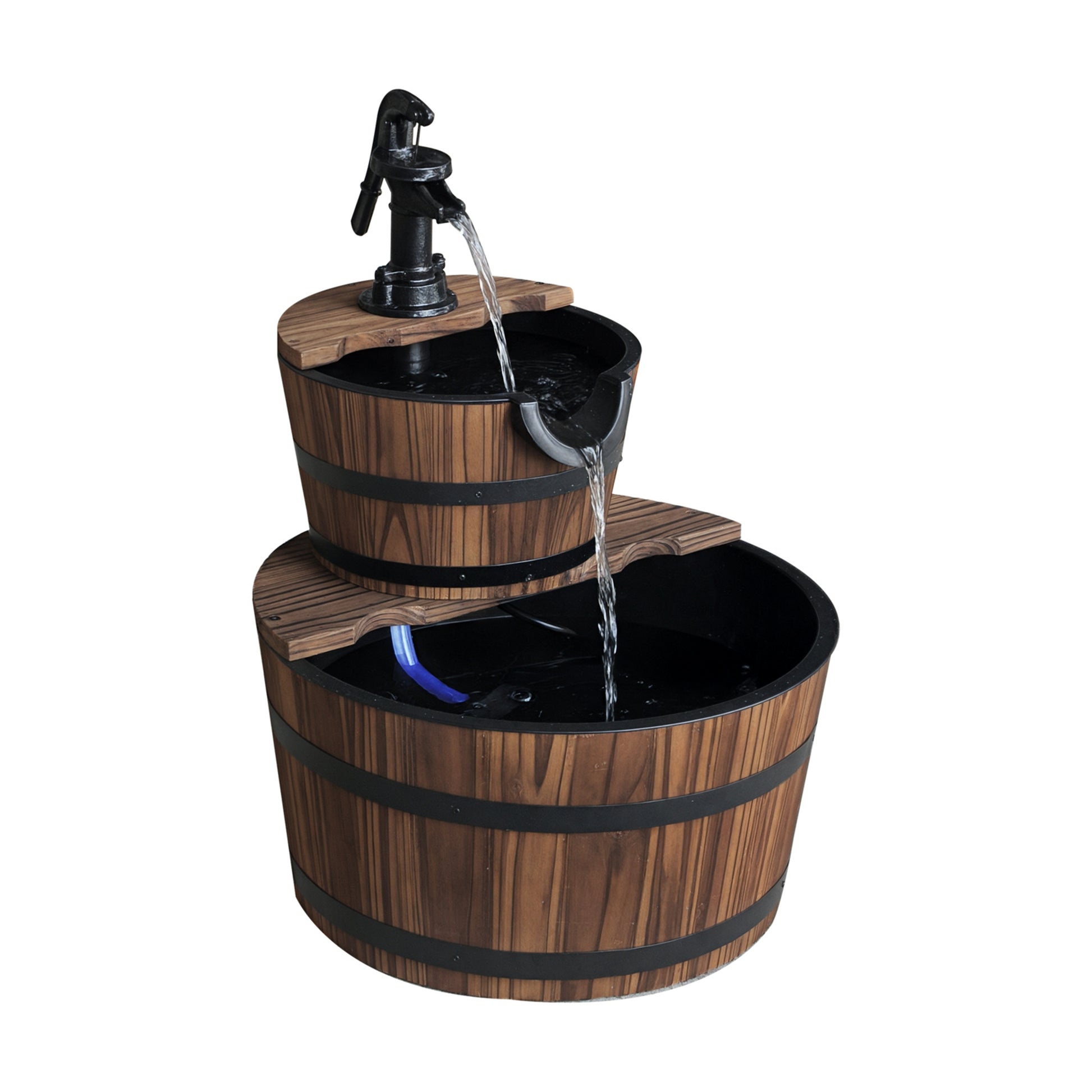 Wooden barrel-style water fountain with a pump on a white background