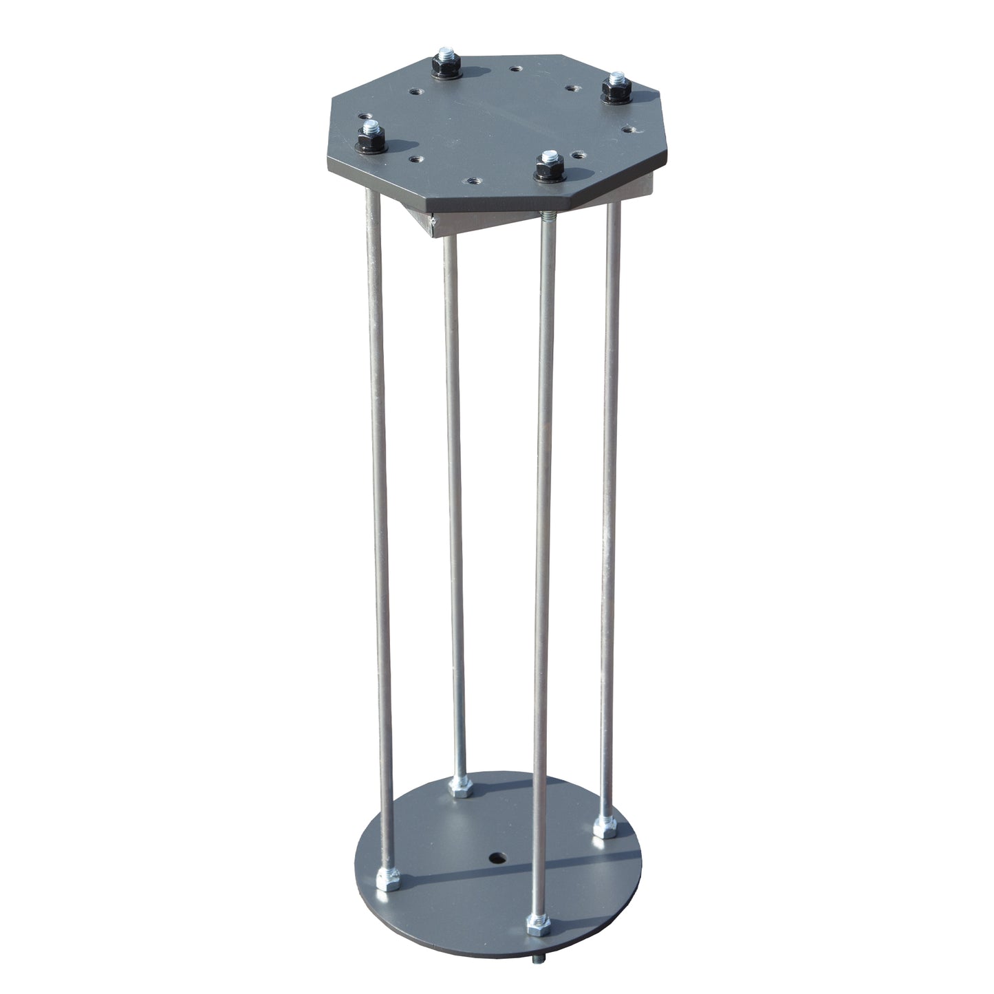 Hexagonal metal stand with multiple legs on a white background