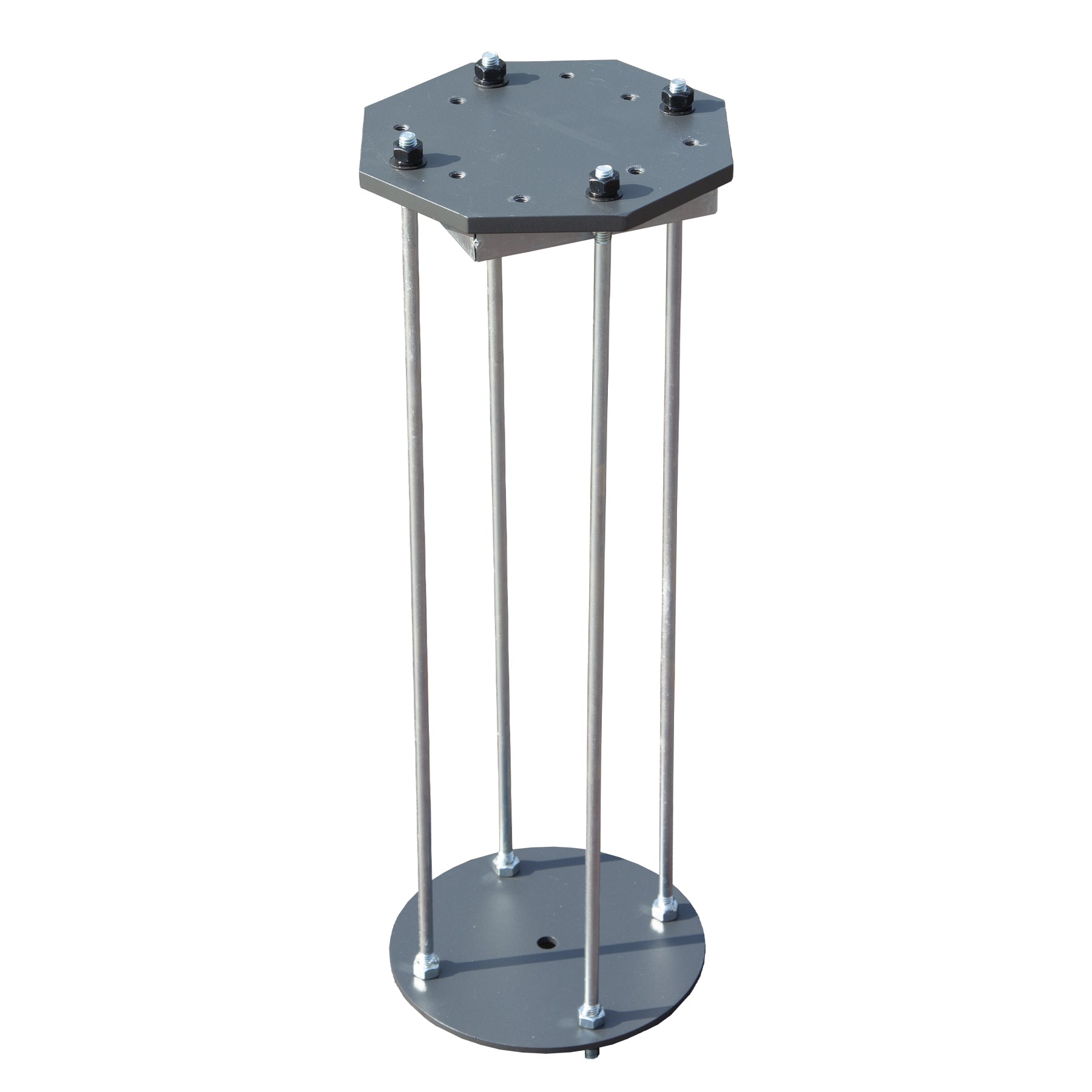 Hexagonal metal stand with multiple legs on a white background