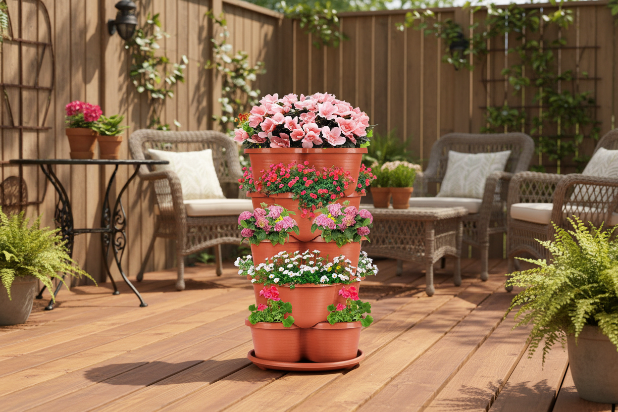 Stacked terracotta pots with flowers and a hanging hook on a white background