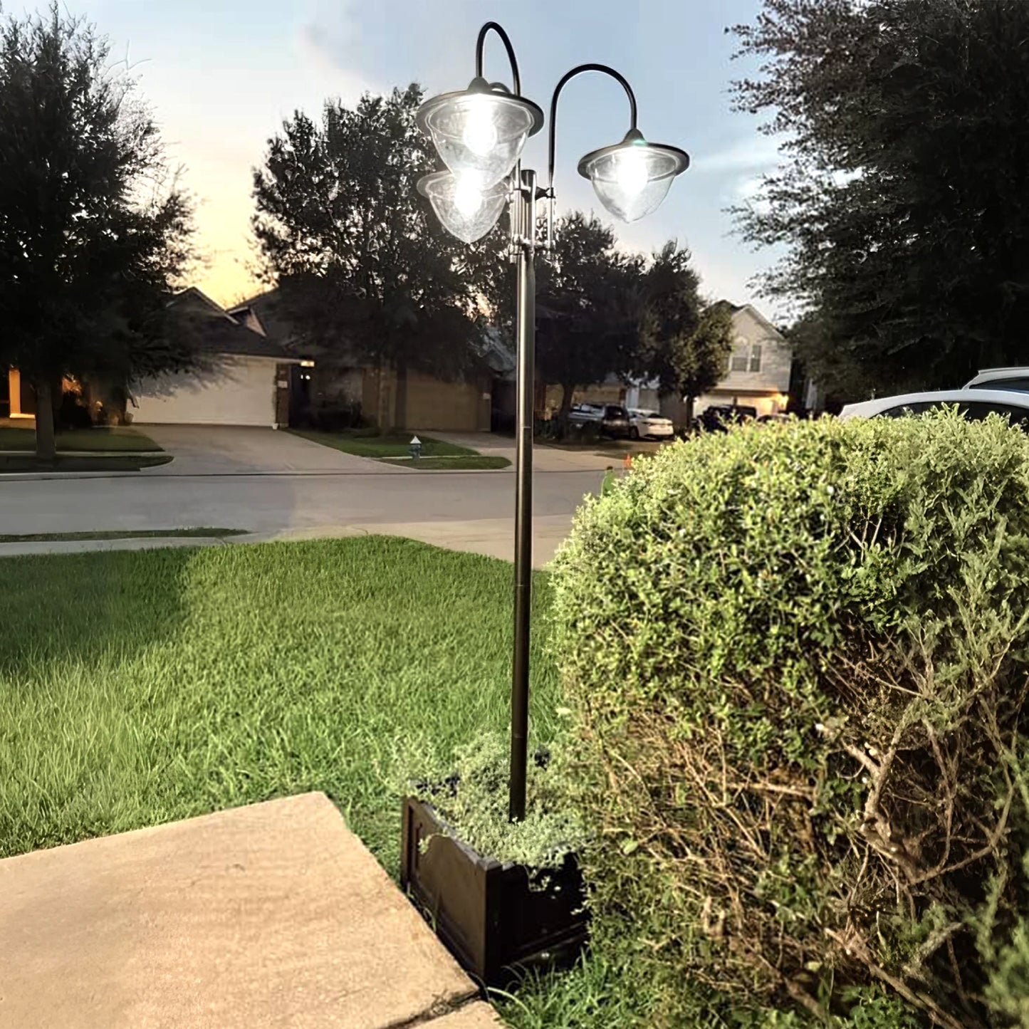3-Head Solar Lamp Post with Planter Box — 74.5" Outdoor LED Pole Light