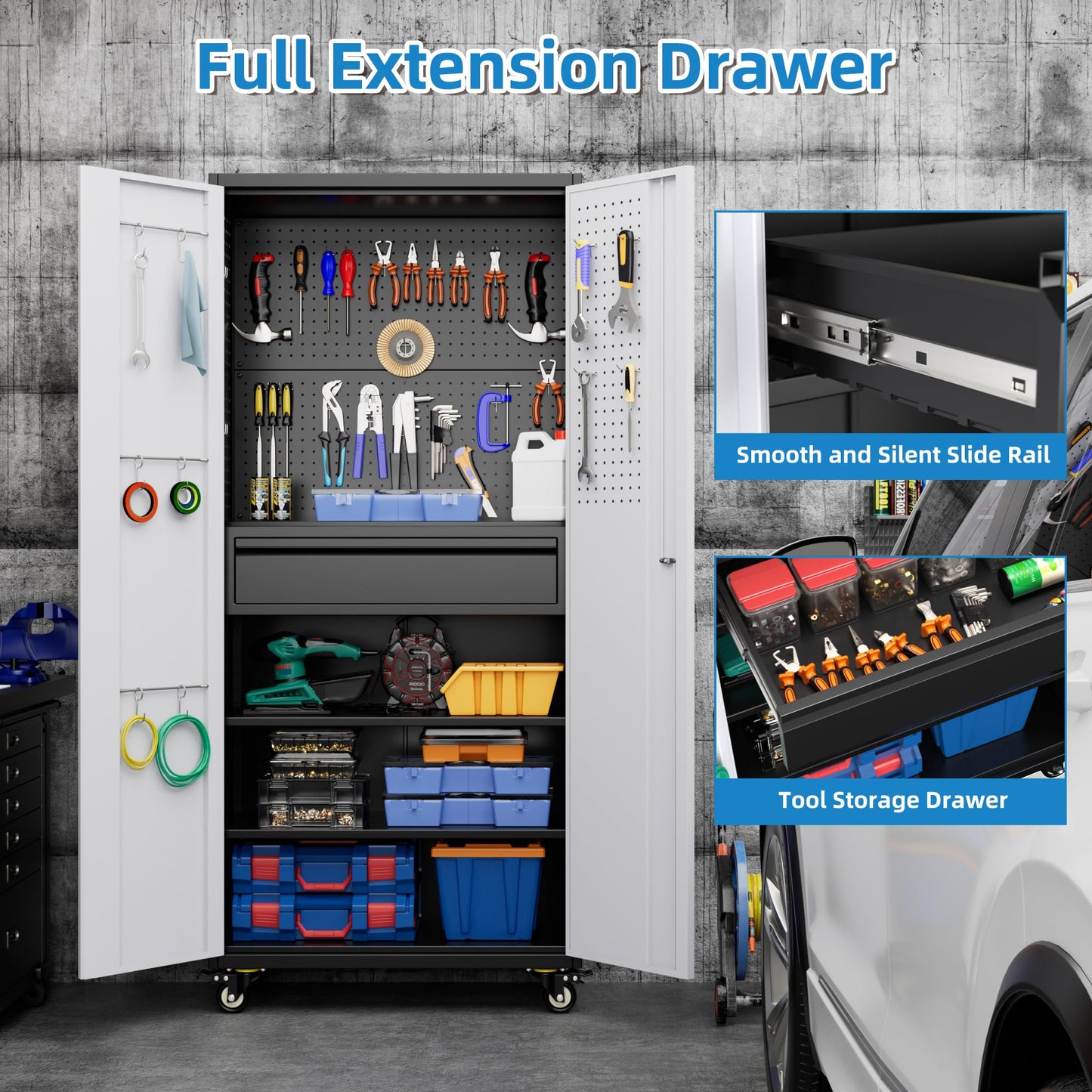 71" Heavy Duty Metal Storage Cabinet with Pegboard & Lockable Drawer