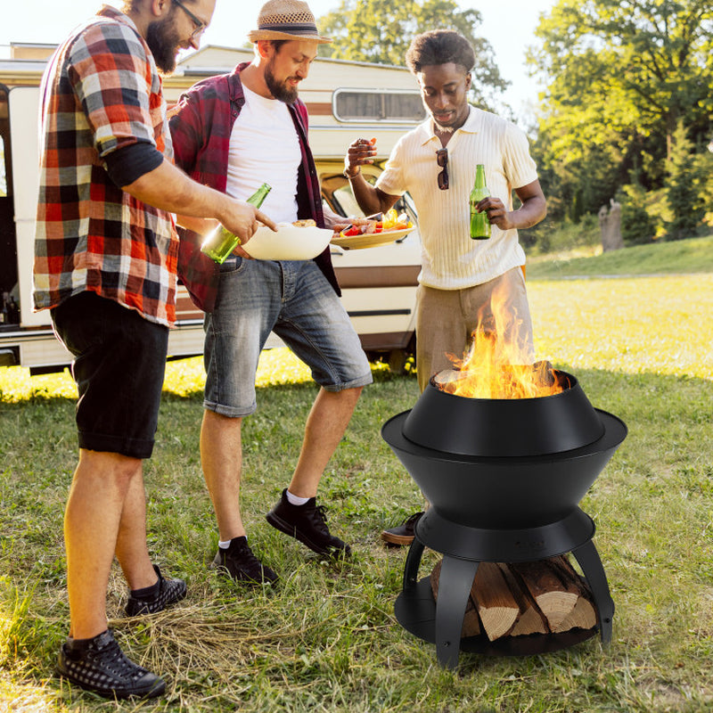 20 Inch Patio Fire Pit Metal Camping Fire Bowl with Pot Holder and Storage Shelf