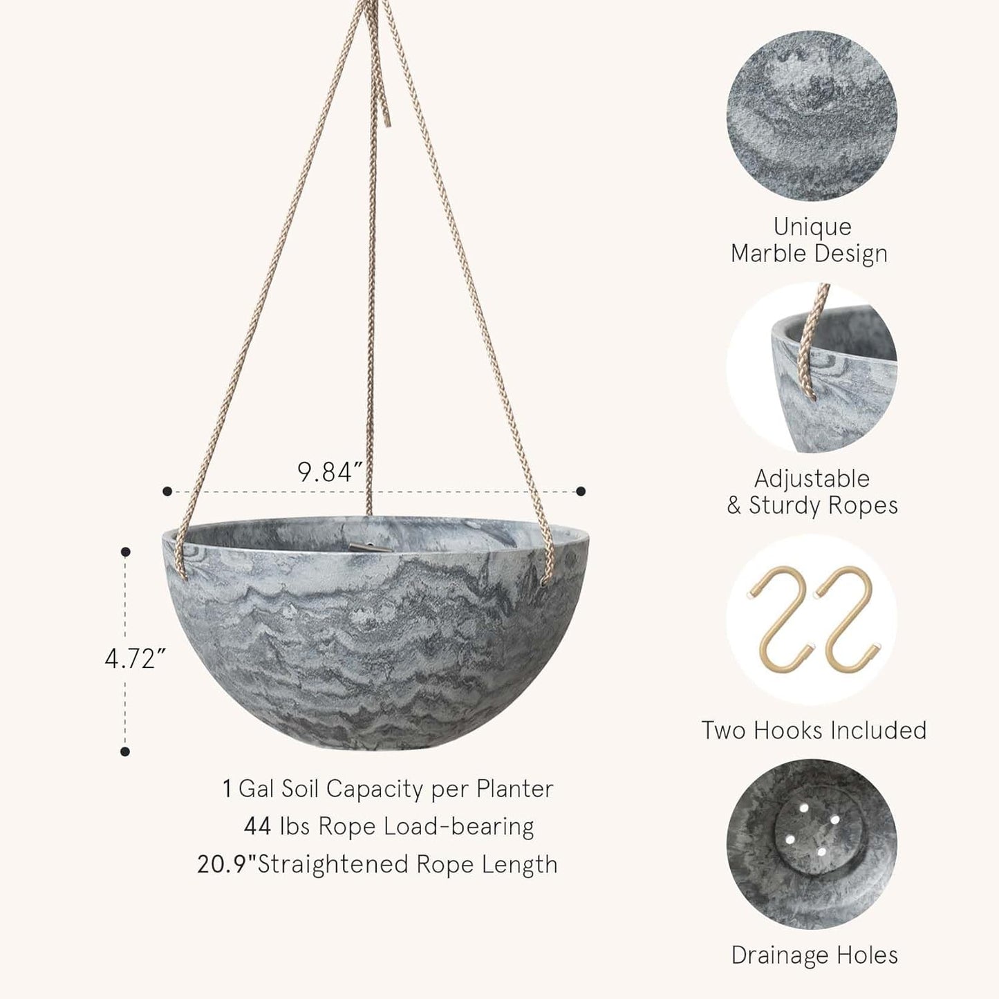 Hanging Planter Flower Plant Pots - 10 Inch Indoor Outdoor Balcony Patio Hanging Basket Set of 2, Marble Pattern
