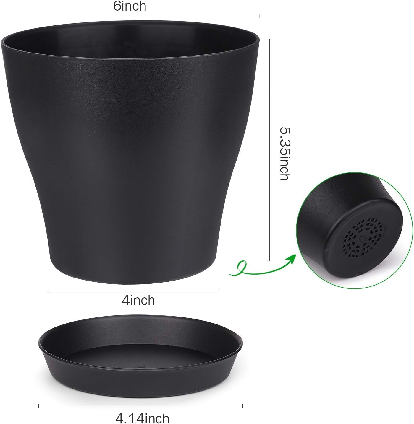 Plant Pots, Set of 15 Plastic Planters with Multiple Drainage Holes and Tray 6 Inch Indoor Plant Pot for All Home Garden Flowers Succulents (Black)
