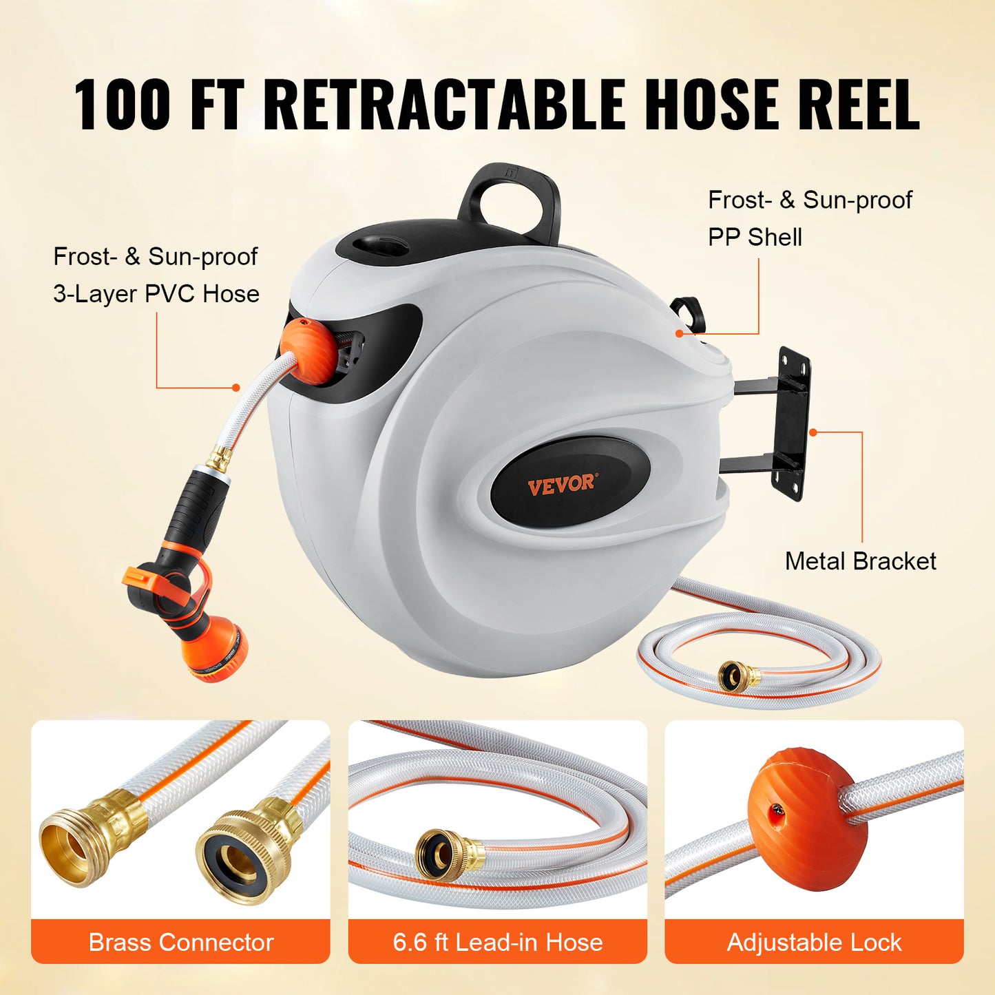 VEVOR Retractable Hose Reel 100ft - Auto Rewind Wall Mount with 9-Pattern Nozzle
