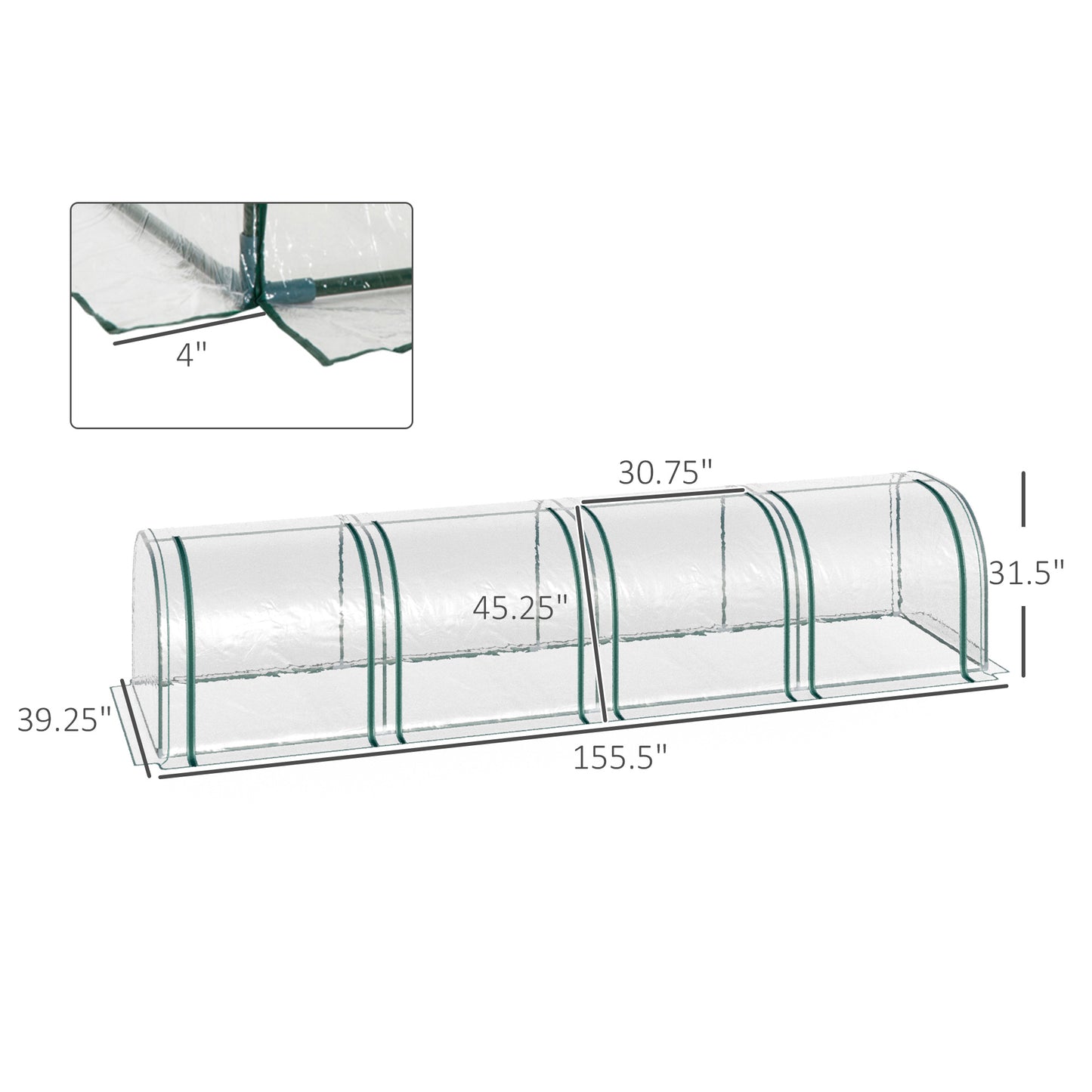 Portable Tunnel Greenhouse 13ft x 3ft with 4 Zippered Doors & PVC Cover