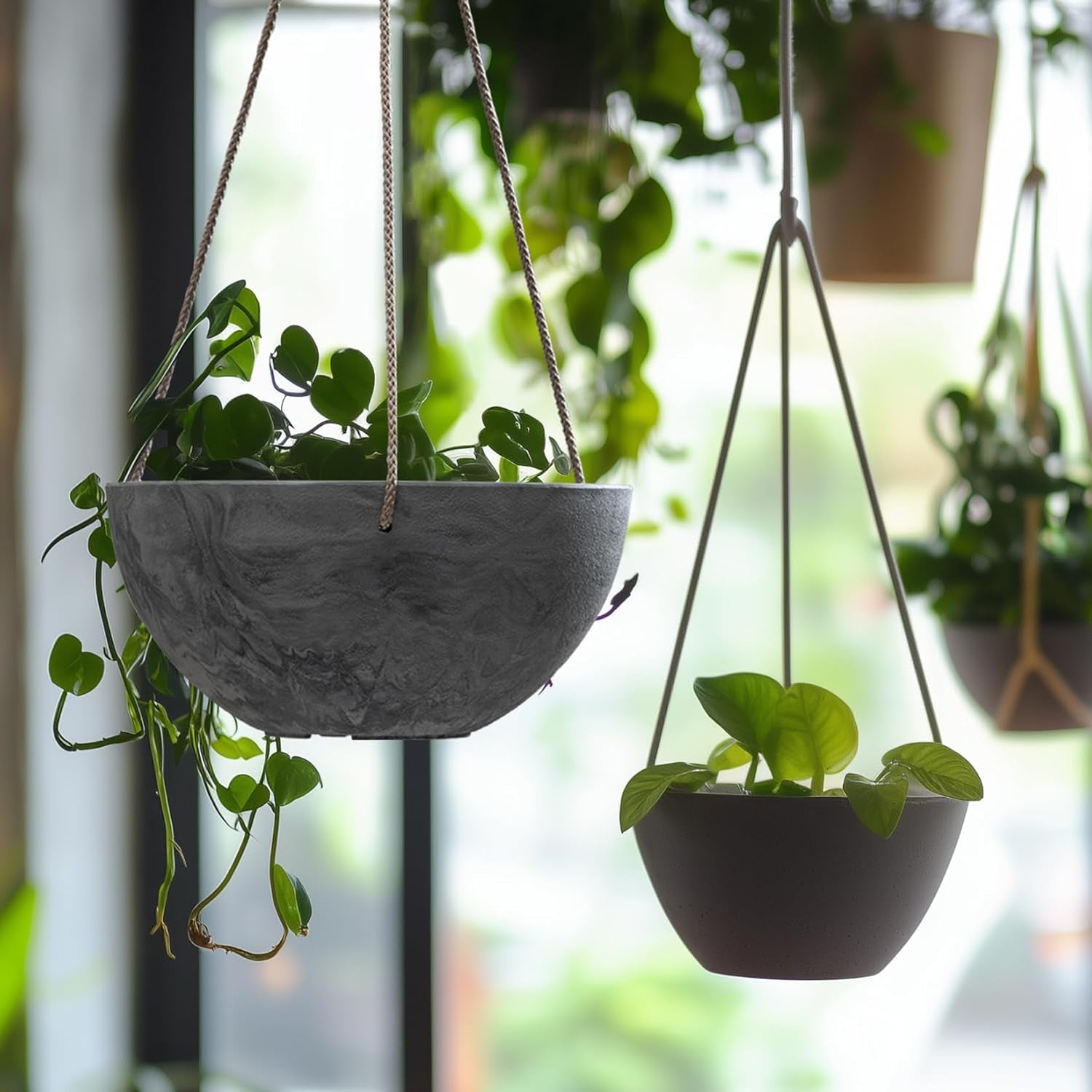Hanging Planter Flower Plant Pots - 10 Inch Indoor Outdoor Balcony Patio Hanging Basket Set of 2, Marble Pattern