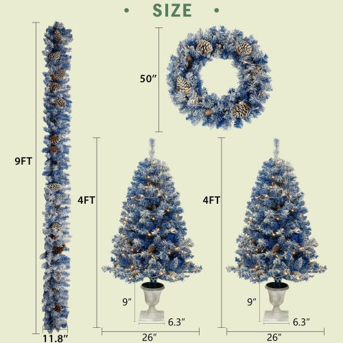 4-Piece Pre-Lit Blue Christmas Tree Set with Garland & Wreath