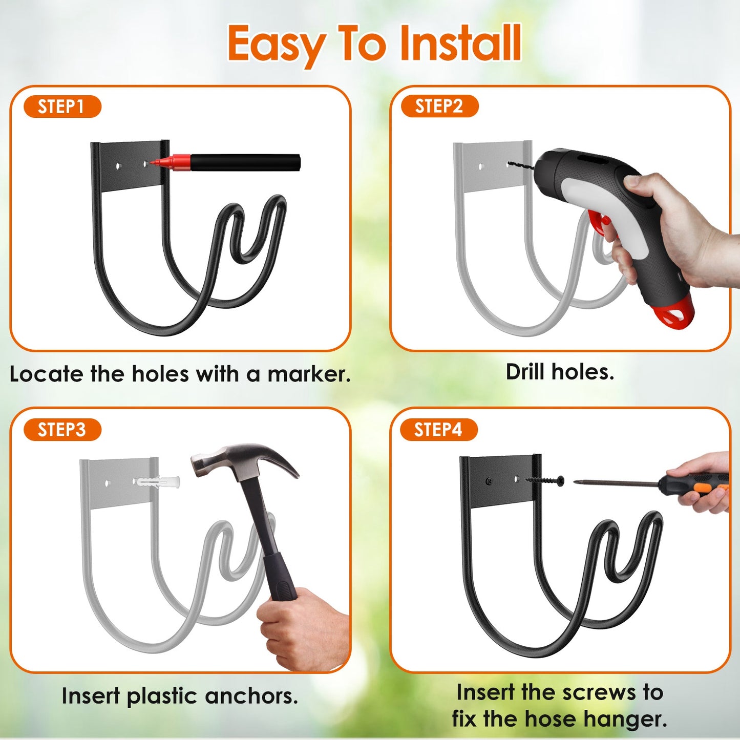 Stainless Steel Wall-Mounted Garden Hose Holder with Nozzle Slot | 2-Pack, Black