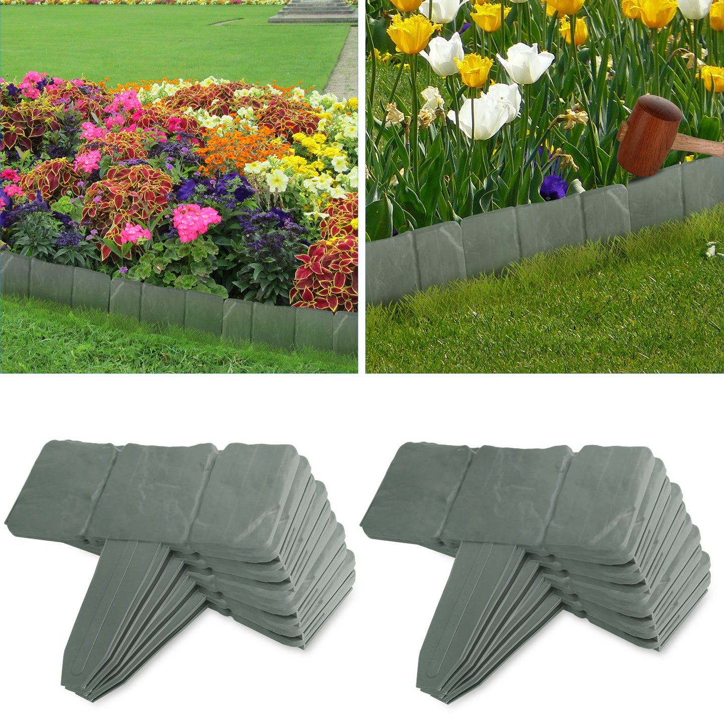 20-Piece Cobblestone Plastic Lawn Edging Border – 16 ft Garden Bed Divider