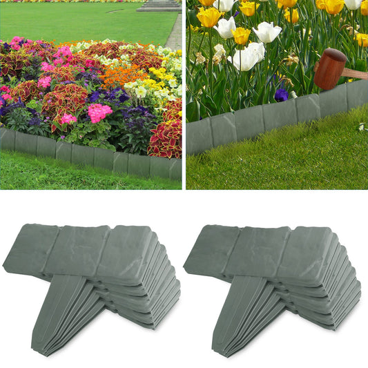 20-Piece Cobblestone Plastic Lawn Edging Border – 16 ft Garden Bed Divider