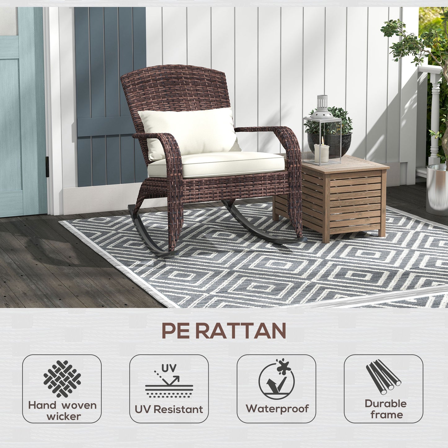 Outdoor Wicker Rocking Chair with High Back Cushion and Pillow, Adirondack Style