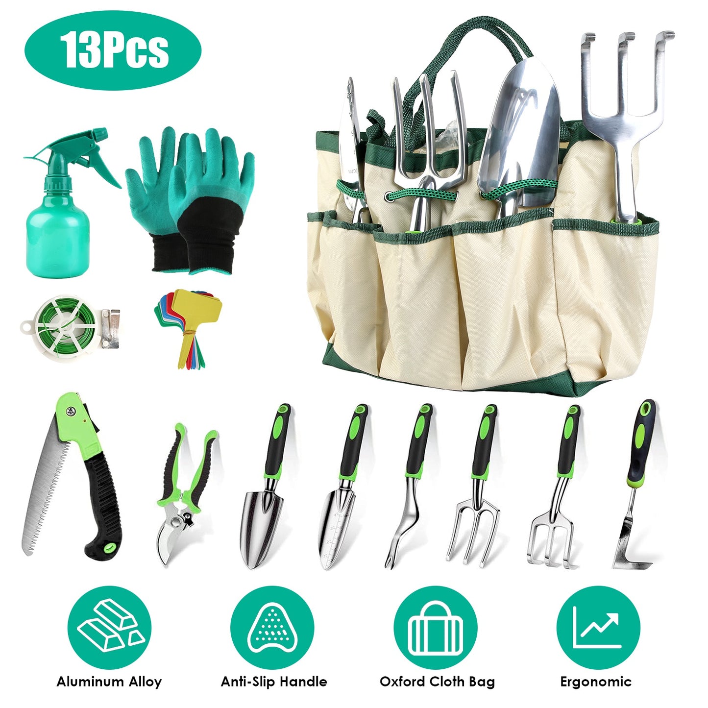 13-Piece Aluminum Garden Tool Set with Ergonomic Handles, Carry Bag & Accessories