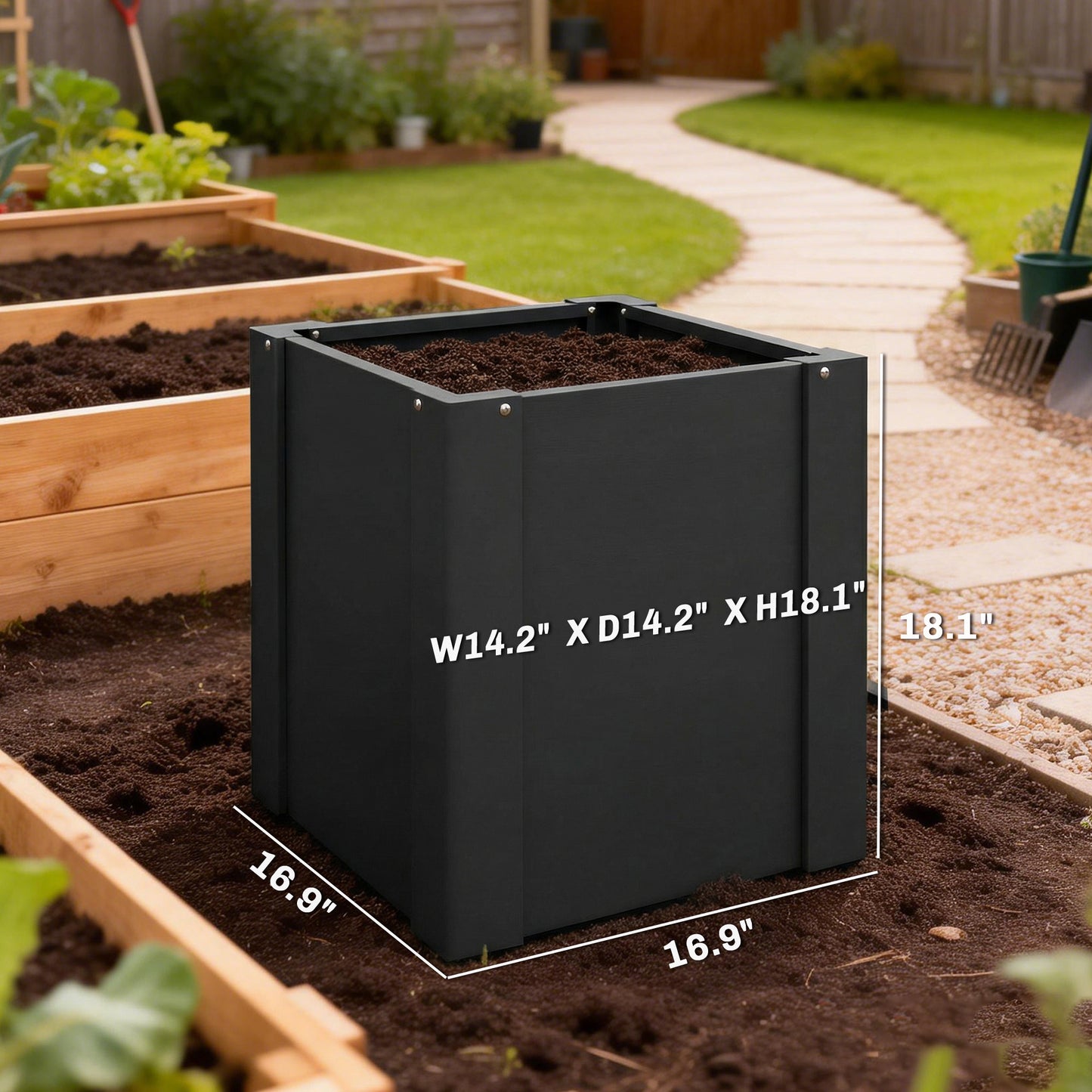 Extra-Deep Galvanized Steel Raised Garden Bed with Gloves, 1.4 x 1.4 x 1.5 ft – Black