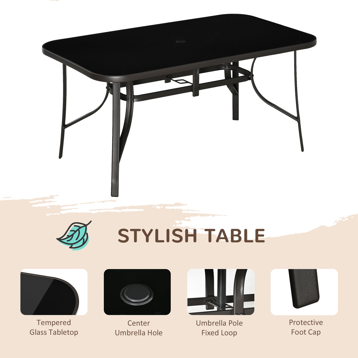 8-Piece Outdoor Dining Set with 9Ft Shade Umbrella | Glass Table, 6 Stackable Chairs, Gray
