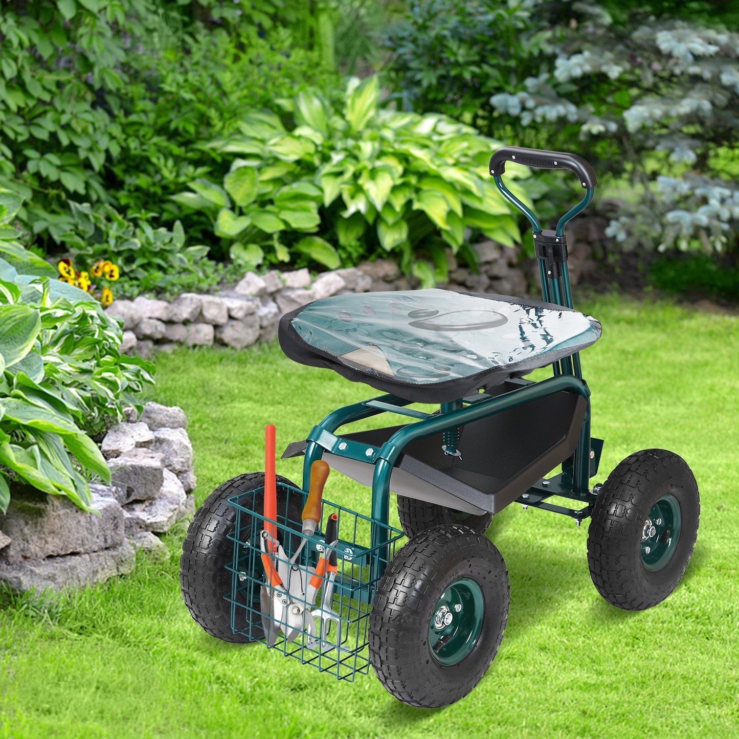 Height-Adjustable Rolling Garden Seat with Swivel, Wheels & Tool Tray