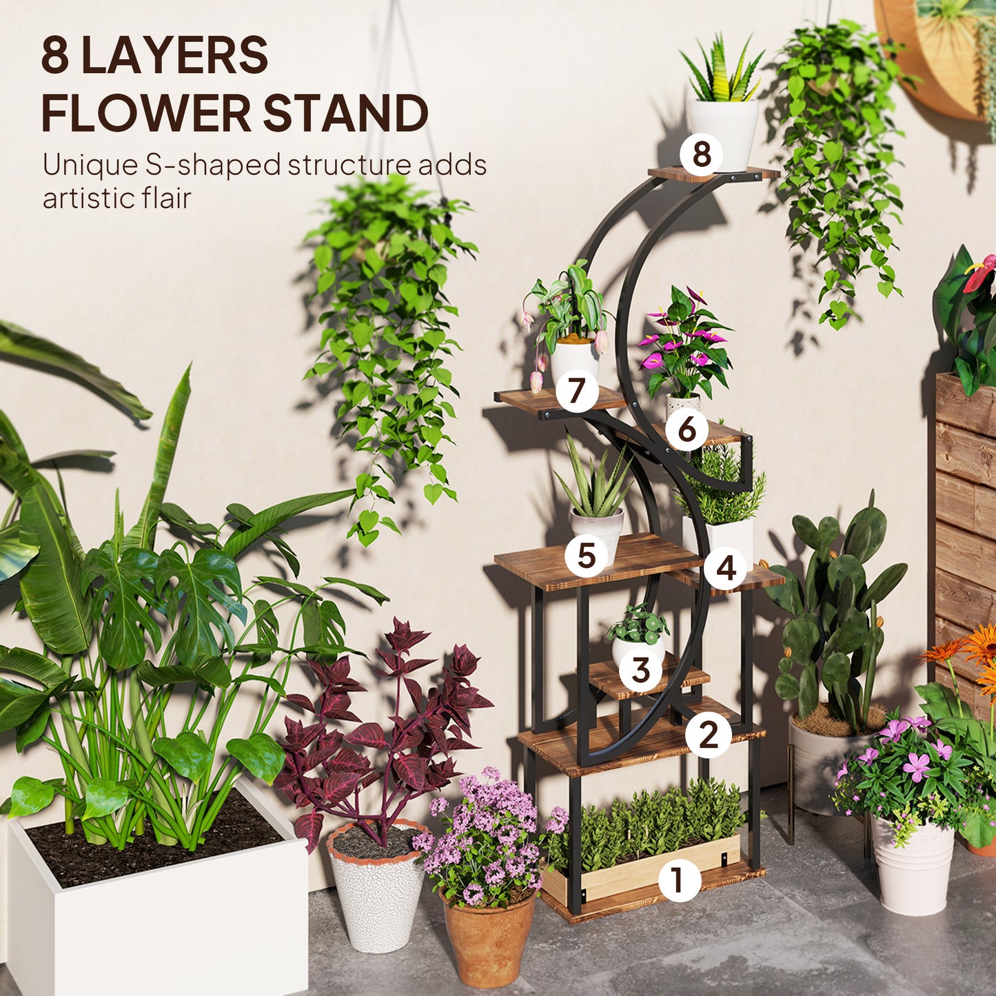 8-Tier Corner Plant Stand, 62" S-Shaped Shelf, Carbonized Steel