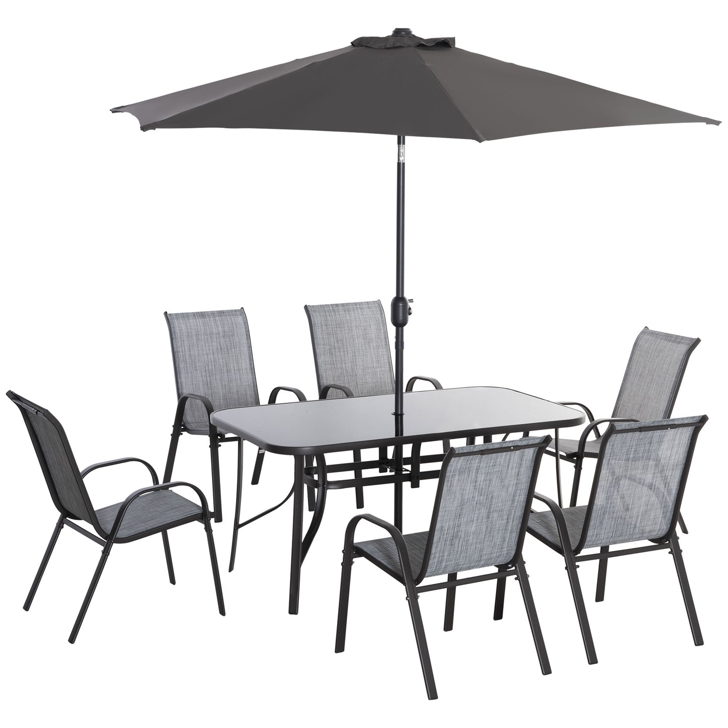 8-Piece Outdoor Dining Set with 9Ft Shade Umbrella | Glass Table, 6 Stackable Chairs, Gray
