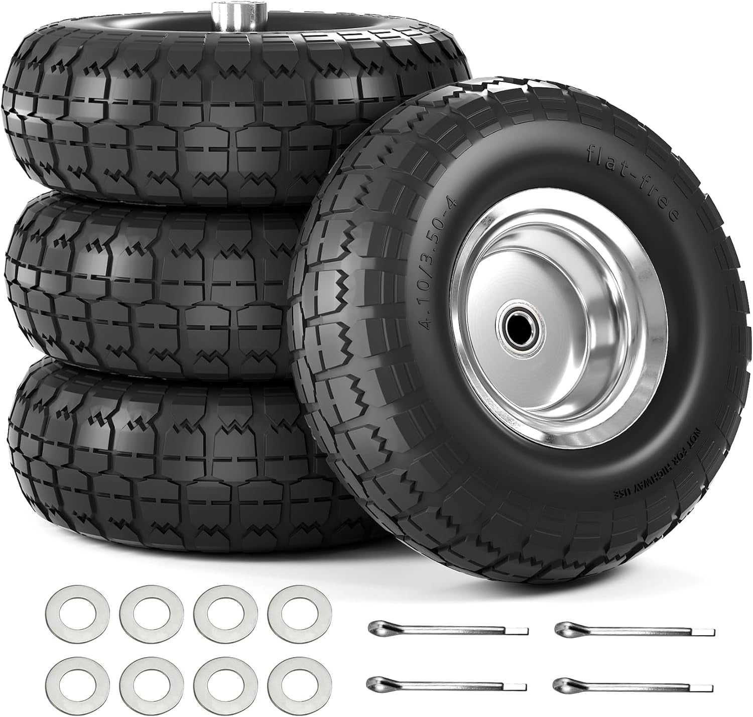 【UPGRADED】4.10 3.50-4 Tire and Wheel, 10 Inch Flat Free Tires 4 Pack with 5/8” Axle Bore Hole and Double Sealed Bearings, for Dolly Tires/Hand Truck/Dump Cart