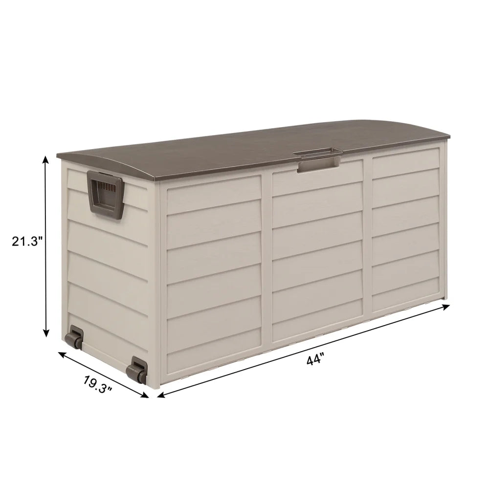 75 Gallon Plastic Yard Storage Box with 2 Wheels & Lockable Seat, Outdoor Storage Deck Box Chest for Backyard, Porch, Patio, Garden, All-Weather Storage Container for Tools, Toys, Brown