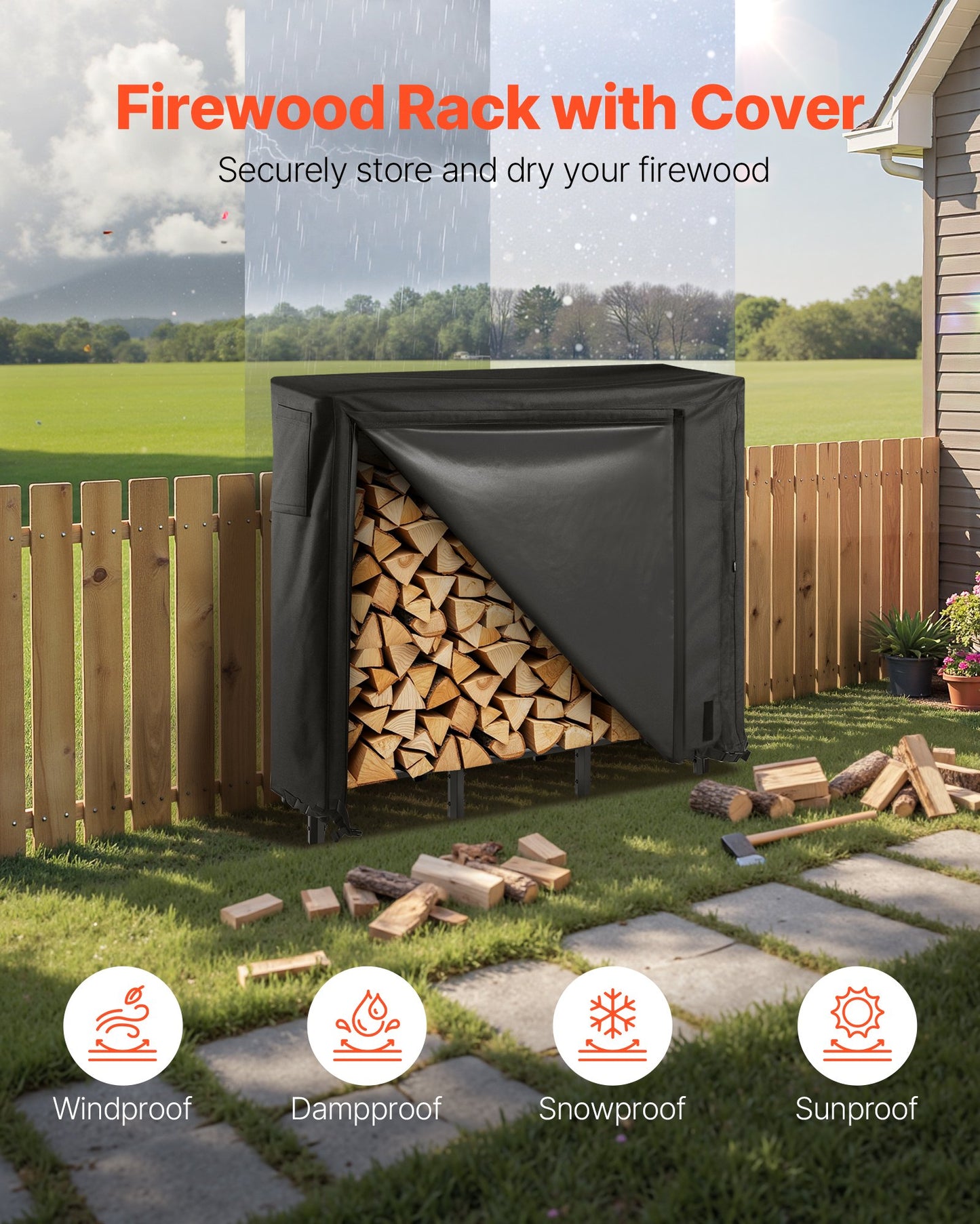4 ft Heavy-Duty Steel Firewood Rack with Waterproof Cover – Holds 1/4 Cord