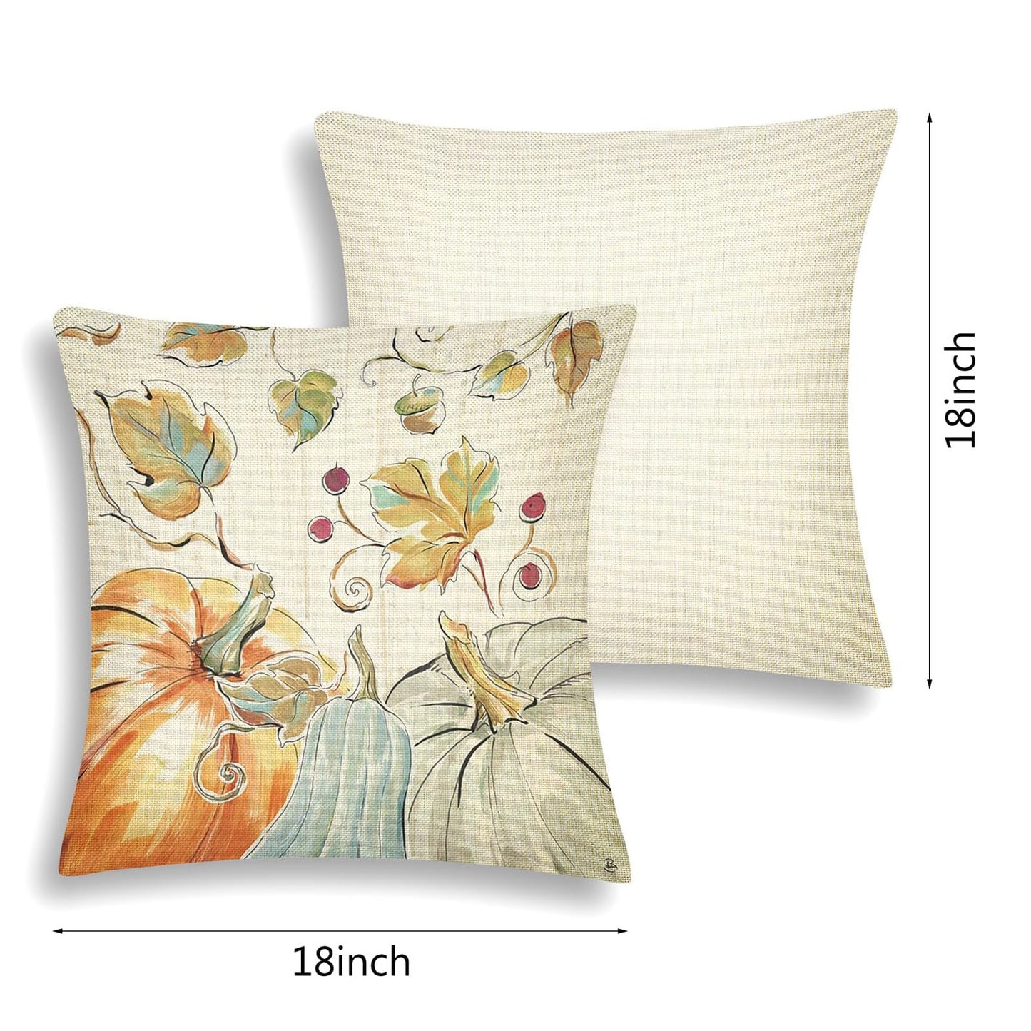 Thanksgiving Fall Throw Pillow Covers Set - 4 Pack Pumpkin Watercolor 18x18