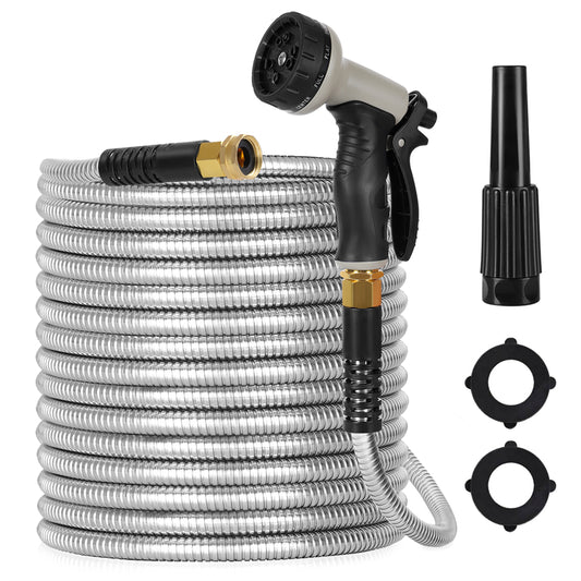 Stainless Steel Metal Garden Hose — Kink Free, 10-Pattern Spray Nozzle, 2 Nozzles | 50FT & 100FT
