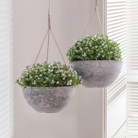 Hanging Planter Flower Plant Pots - 10 Inch Indoor Outdoor Balcony Patio Hanging Basket Set of 2, Marble Pattern