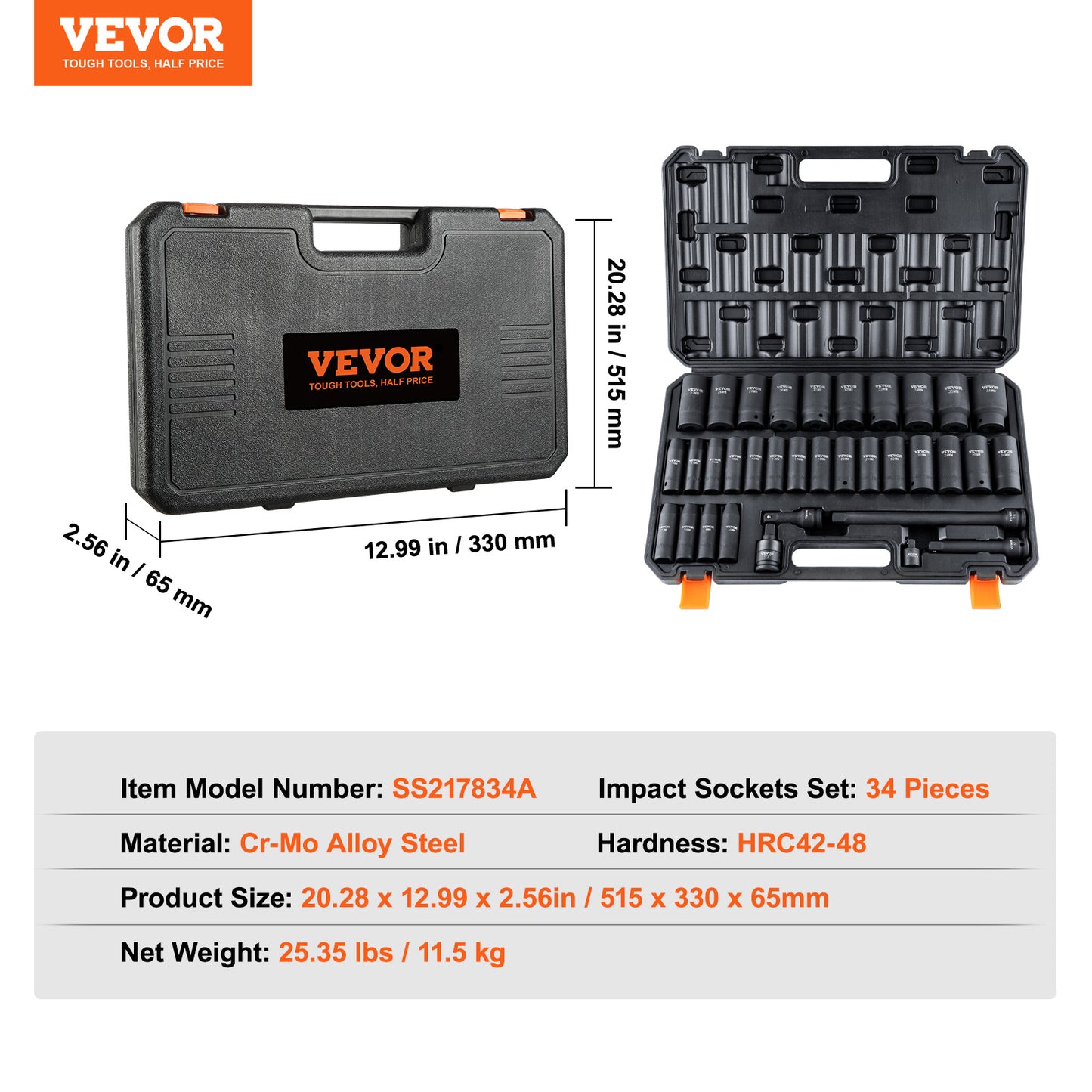 VEVOR 34-Piece 1/2" Drive Deep Impact Socket Set – Metric 8-36mm Cr-Mo Steel