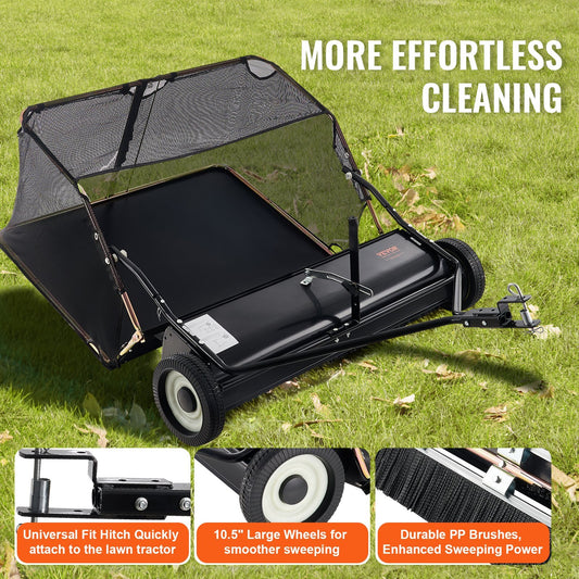 42" Tow-Behind Lawn Sweeper - 12 Cu.Ft Adjustable Leaf Collector