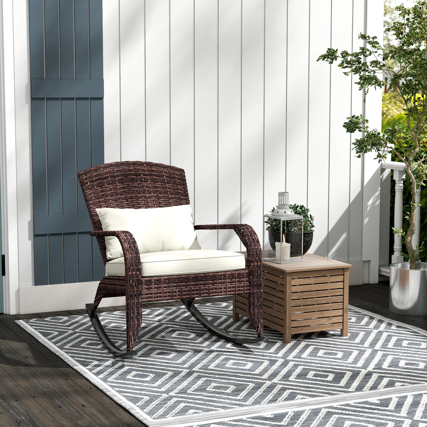 Outdoor Wicker Rocking Chair with High Back Cushion and Pillow, Adirondack Style