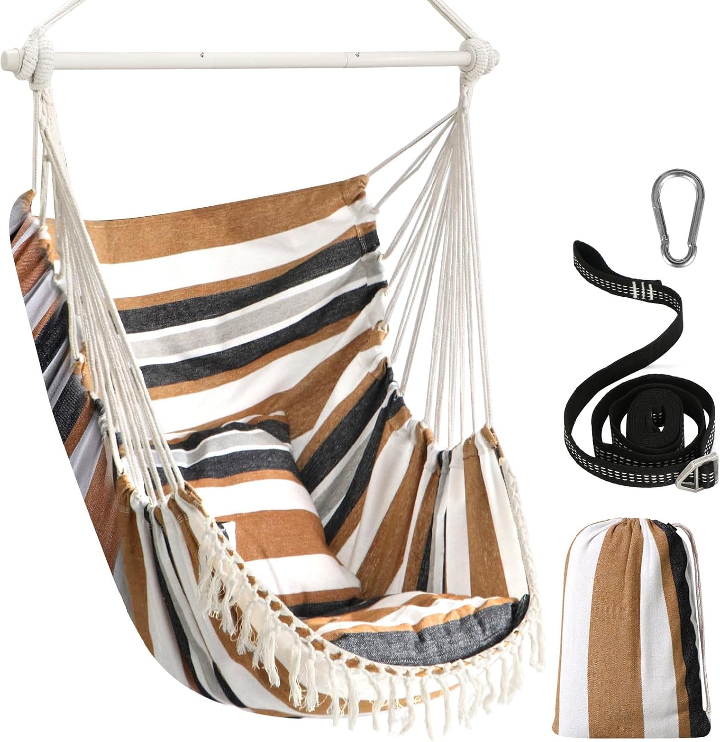 Hammock Chair Hanging Swing Max 500 Lbs 2 Cushions Included Metal Spreader Bar with Anti-Slip Grooves Portable Hanging Chair Side Pocket Large Macrame Bohemian Chair Indoor Outdoor