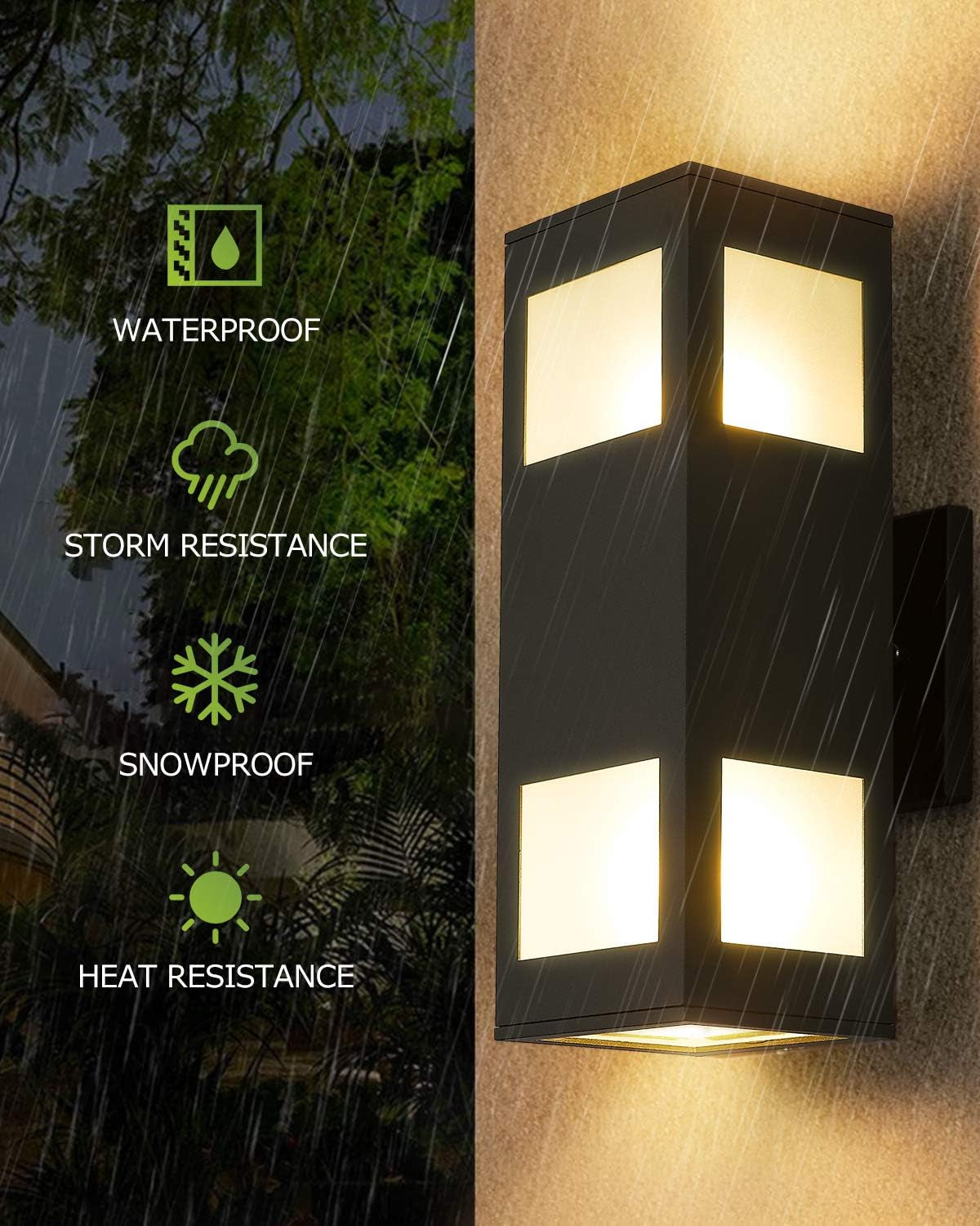 Porch Lights Outdoor Modern - IP64 Waterproof Aluminum and Tempered Glass Cover, 13" Rectangular Up/Down Wall Sconce for Porch, Garage & Patio, Exterior Lighting, Black, 2 Pack