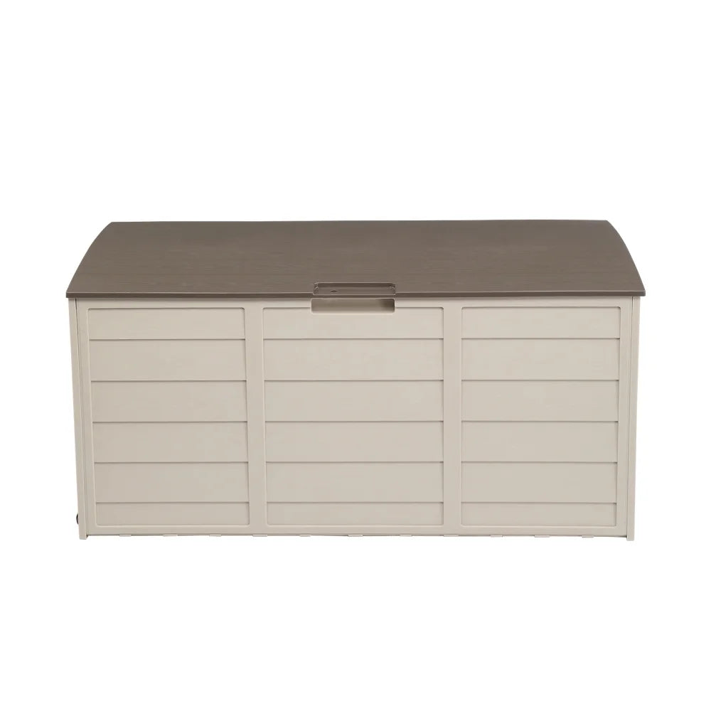 75 Gallon Plastic Yard Storage Box with 2 Wheels & Lockable Seat, Outdoor Storage Deck Box Chest for Backyard, Porch, Patio, Garden, All-Weather Storage Container for Tools, Toys, Brown