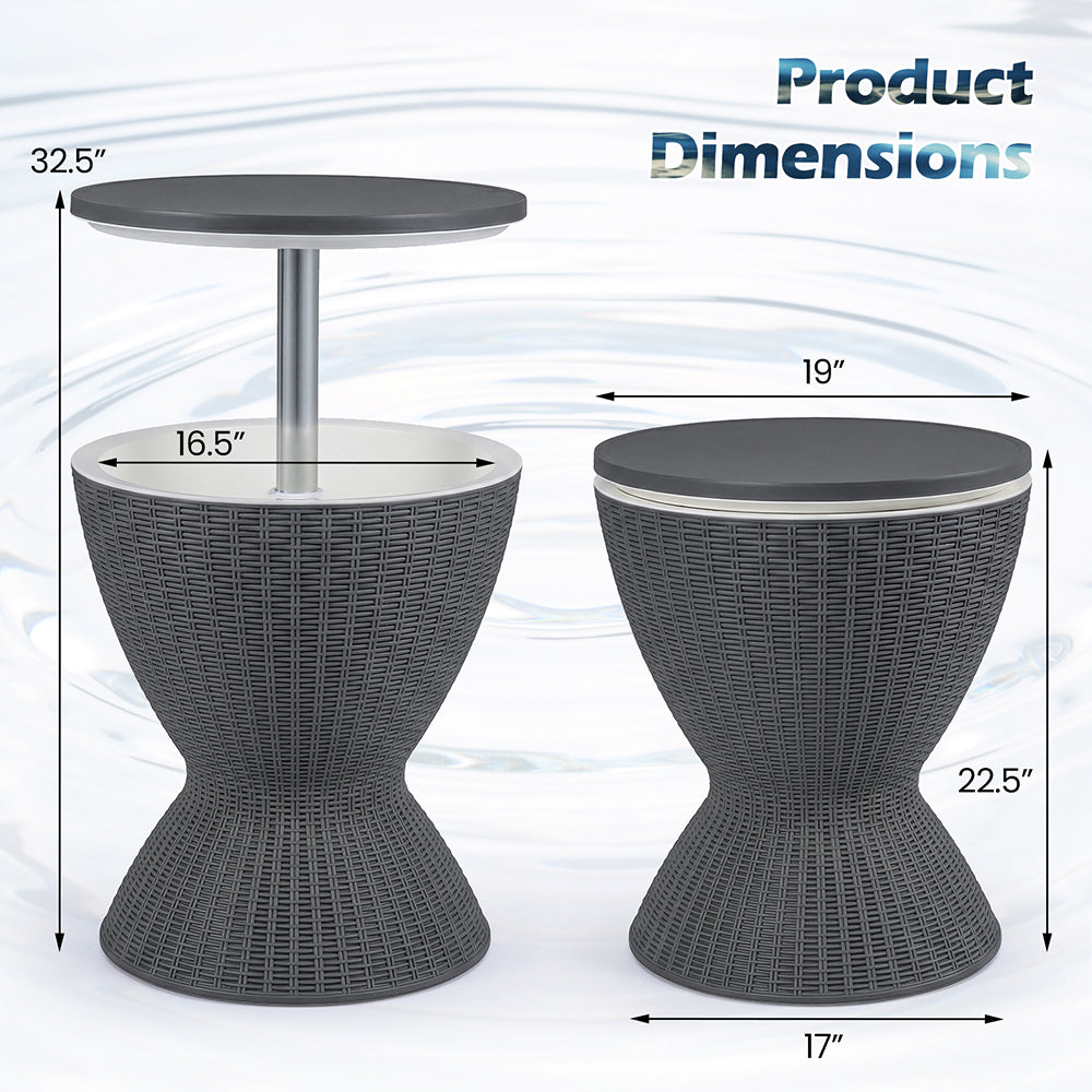 Outdoor Rattan Ice Cooler Bar Table with Adjustable Height | 8-Gal, 3-Piece Set