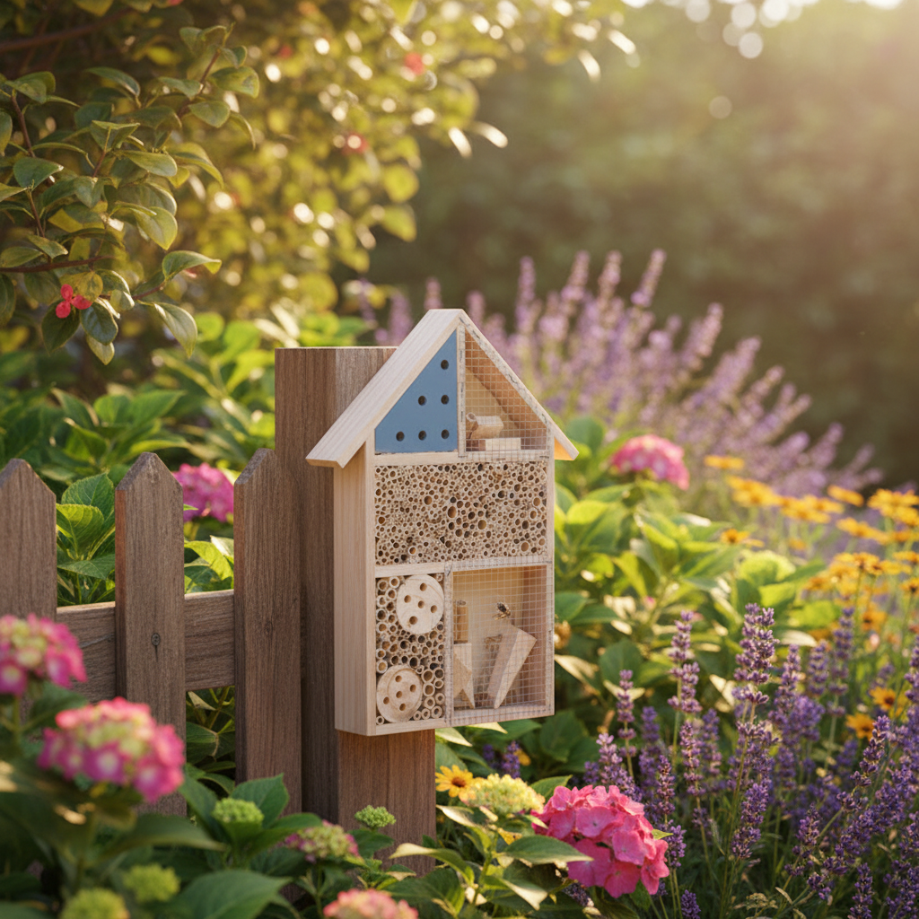 Wooden bee house with measurements on a white background