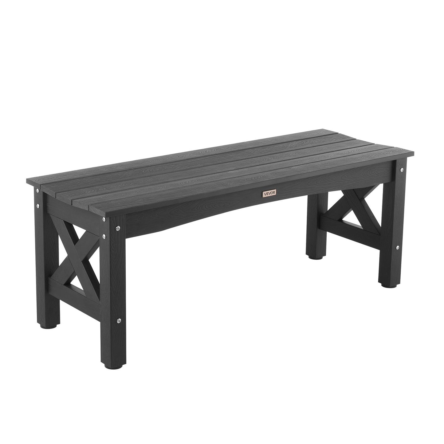 Black wooden bench with X-shaped legs on a white background