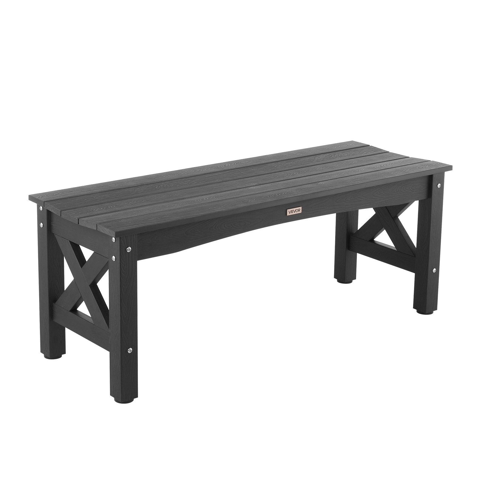 Black wooden bench with X-shaped legs on a white background