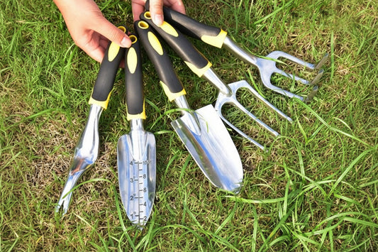 5 piece gardening tools set held over grass with text describing their uses.